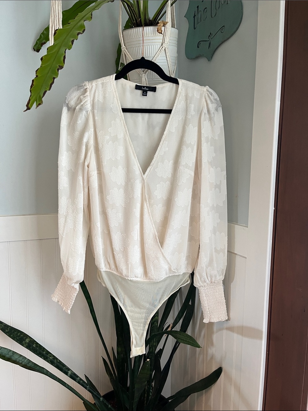 Lulu's Ivory Floral Wrap-Front Puff Sleeve Bodysuit